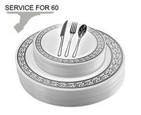 Tiger Chef Plastic Dinnerware 300 Piece Set Service For 60 Guests Includes 60 10.75-inch Dinner Plates 60 7-inch Salad Plates 6 Cutlery Sets Forks, Spoons, And Knives Disposable BPA Free