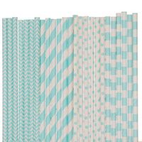 Light Blue Paper Straw Mix - Striped, Chevron, Polka Dots (75)