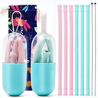 Reusable Silicone Collapsible Straws - 6 Pack Extra Long 10" Portable Straight Smoothies Straws for 30 & 20oz Tumblers, with 2 Cleaning Brushes and 2 Carrying Case - BPA Free - FDA Approved