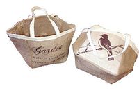 Set/2 Burlap Gift Bags with Bird and Garden Motif