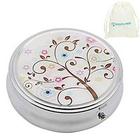 Round Silver Pretty Pill Box - Classy Pill case Decorative Boxes for Purse - 3 Compartments Pocket Medicine Tablet Organizer Case - Travel Pill Vitamin Holder (Happy Tree)