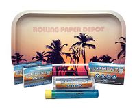 Bundle - 6 Items - Rolling Paper Depot Rolling Tray (Retro Palms), Elements Ultra Thin Papers, Elements 79mm Roller, Elements Pre-Rolled Tips with Rolling Paper Depot Kewltube