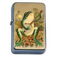 Frog Playing Guitar Flip Top Oil Lighter A1 Smoking Cigarette Smoker Includes Silver Case