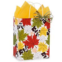 NW Falling Leaves Paper Shopping Bags - Cub Size - 8 1/4 x 4 3/4 x 10 1/2in. - 100 Pack