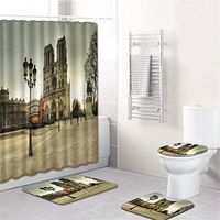 Naiflowers 4 Piece Bath Shower Curtain Sets, Bathroom Shower Curtain & Toilet Mat & Lid Cover & Non Slip Rugs Notre Dame de Paris Printing, Washable Bath Curtain Carpet for Tub Living Room (I)