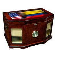 Large Premium Desktop Humidor - Glass Top - Flag of Colombia (Colombian) - Waves with USA Flag - 300 Cigar Capacity - Cedar Lined with Two humidifiers & Large Front Mounted Hygrometer.