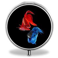 Compact 3 Compartment Medicine Case, IMLONE Customized Red Fish and Blue Fish Pill Organizer Metal Pill Box Pill Container for Purse, Travelling and Daily Needs