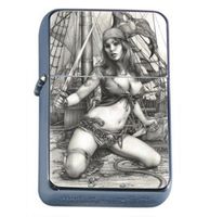 PIRATE PIN-UP GIRL SAVAGE, GREAT CLEAVAGE! Windproof Refillable Flip Top Oil Lighter with Tin Gift Box D-458