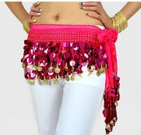 Big Saving Belly Dance Hip Scarf , Gold Coins Wave & Deluxe V-hape --Pink Rose