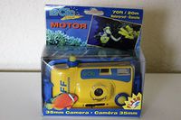 LeClic Tuff Underwater 35 mm Camera with Flash (5S0520-00) Includes Underwater Housing Good Down to 20 M/60 Ft Approximate Dimensions 5.25 W X 2.75 H X 1.5 D Bright Yellow with Blue Accents
