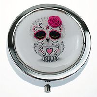 MaXing Cute Pink Day of The Dead Sugar Skull Owl White Custom Personalized Silver Round Pill Case Box Decorative Metal Medicine Container Case