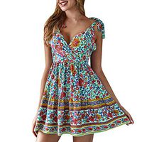 Womens Boho Spaghetti Strap Floral Print Dress V Neck Backless Mini Dresses Summer Sundress for Holiday (Green, M)