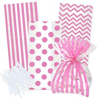 100 Light Pink Cellophane Bags with Twist Ties Pastel Pink for Baby Shower Girl Favor Goodie Bags in Polka Dots, Striped and Chevron Design