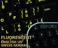 Glowing fluorescent Swiss German keyboard stickers