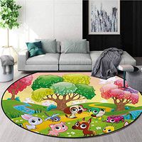 RUGSMAT Cartoon Round Area Rug Carpet,Kids Nursery Theme Animals in The Forest with Nice Flowers Illustration Artwork Living Dining Room Bedroom Hallway Office Carpet,Round-63 Inch