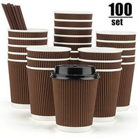 Eupako 8 oz Disposable Coffee Cups 100 Pack Ripple Wall Paper Cups to Go, Insulated Corrugated Cups with Lids and Straws, Perfect for Hot and Cold Drinks