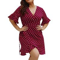 JQjian Womens Fashion Short Sleeve V-Neck Polka Dot Wrap Loose Mini Dress Summer Holiday Dress (4XL, Wine)
