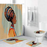 Naiflowers 4 Piece Shower Curtain Sets, African Women Shower Curtain & Toilet Mat & Toilet Lid Cover & Non-Slip Rugs, Washable Bath Curtain Carpet for Bathroom Tub Entry Living Room