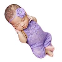 Newborn Photography Props Boy Girl Photo Shoot Outfits Crochet Costume Knitted Clothes Mohair Headdress Rompers (Purple)