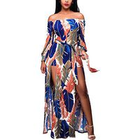 Women's Off Shouldrer Maxi Dresses, Clearance ! Ladies Summer Long Sleeve Casual Floral Printed Vintage Party Dress with Belt