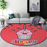 Birthday Modern Washable Round Bath Mat,Pink Strawberry Flavor Cupcake with Candle Cute Face Confetti Bow Tie and Dots Non-Slip Bathroom Soft Floor Mat Home Decor Round-51 Inch,Multicolor