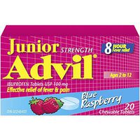 Junior Strength Advil (20 Count, Blue Raspberry Flavour) Ibuprofen Chewable Tablets Fever Relief