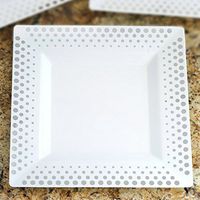 Tableclothsfactory 50 Pcs - White with Silver 10.75" Square Disposable Plastic Plate - Hot Dots Collection
