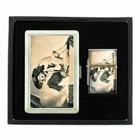 Vintage Pirate Ship S9 Silver Cigarette Case/Wallet and Flip Top Oil Lighter Gift Set Retro High Seas