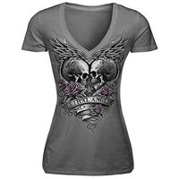 Meikosks Womens Style Skull Short Sleeve Tops V Neck Pullover Basic Cotton T-Shirt Gray