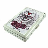 Cigarette Case with Built in Lighter Sugar Skull S27 Smoking King Size Cigarettes Silver Metal Wallet 4" X 2.75" RFID Protection Candy