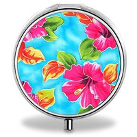 IMLONE Pill Organizer, Customized Hawaiian Flower Pill Boxes with 3 Components Metal Portable Pill Container for Purse, Travelling and Daily Needs