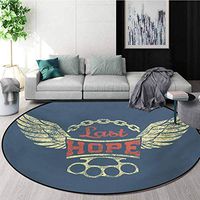 Vintage Modern Machine Washable Round Bath Mat,Grunge Label Wings Chain Brass Knuckles Last Hope Quote for Bikers Non-Slip Living Room Soft Floor Mat,Round-47 Inch Slate Blue Red Pale Yellow