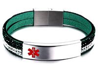 JF.JEWELRY Free Engraving Medical Alert ID Bracelet for Women with 2-Layers Velvet & Rhinestone Link 6.7",ArmyGreen
