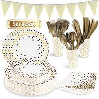 351 PCS Gold Party Supplies Set Disposable Gold Dot Paper Plates Dinnerware Serves 50 Including Banner, Plates, Cups, Napkins, Spoon, Forks, and Knives for Baby Shower Wedding Birthday Party