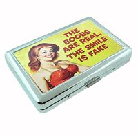 Real Boobs Fake Smile R1 Hip Silver Cigarette Case Id Holder Metal Wallet 4" X 2.75" RFID Protection