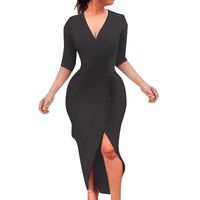 Women Dress Women's Sexy Deep V-Neck Bandage Bodycon Casual Long Sleeve Pleated Party Evening Slim Sheath Knee Length Skirt Ladies Spring Autumn Novelty Dress (XL, Black)