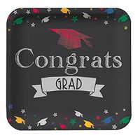 Creative Converting 8 Count Square Paper Dinner Plates, 8.75", Chalk It Up Grad, Black/Multicolor