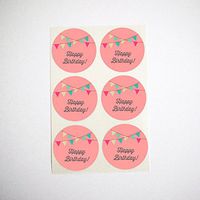 Pink Happy Birthday Bunting Stickers by Once Upon Supplies, Round Envelope Seals, Party Favor Labels, Cupcake Toppers, 1.5 Inches, 30 Stickers