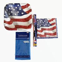 American Flag Party Pack Bundle - 4 Items - Includes 16 - 8 3/4" Paper Plates, 16 Napkins, 54 X 108" Table Cover, and 16 Glow Bracelets - Serves16