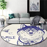DESPKON-HOME Alaskan Malamute Small Round Rug Carpet,Cartoon Style Smart Puppy with Glasses Photo Camera and Bee Smile Doodle Door Mat Indoors Bathroom Mats Non Slip Round-71 Inch,Blue White
