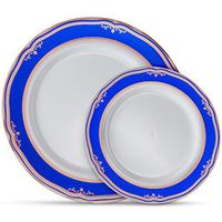 Laura Stein Designer Dinnerware Set | 64 Disposable Plastic Party Plates | White Wedding Plate, Blue Rim & Rose Gold Accents | Includes 32 10.75" Dinner Plates + 32 7.5” Salad Plates | Cobalt Blue