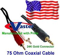 12 ft 3.5mm 24K Stereo to 24K Dual RCA Speaker (75Ohm) Coaxial Audio Cable