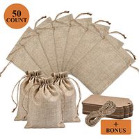 FOCCTS 50Pcs Burlap Bags with Drawstring, 5x7.5" Gift Bag Bulk Pack with 50 Pcs Paper Tags, 32.8Ft String, Birthday Bag, Craft Bags, Gift Tags for Christmas, Thanksgiving