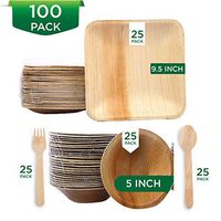 Raj Disposable Palm Leaf Plates [100-Pack] 25 x 9.5" Square Plates with 25 x 5" Bowls, 25 Forks, 25 Spoons Strong and Reusable Party Plates - Decorative Compostable Tableware for Lunch Dinner Birthday