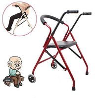 Folding Lightweight Aluminium Height Adjustable Walking Frame Old Man with Seat Pulley Folding Old Walker Disabled Slippery Four-Legged Walking Stick,for Elderly, Handicapped,Red