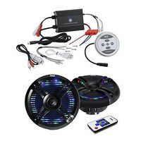 Bluetooth Marine Boat Amplifier, 600 Watt 2-Channel Water Resistant Amp with 2 X 6.5 Inch Marine Waterproof Dual Speakers with Built-in Multi-Color LED Lights, 250 Watt, Black - Outdoor Audio Package