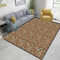 Bigdatastore Brown and Blue Decorative Area Rug Girls Room, Floral Pattern with Swirls Circles Abstract Leaf Designs Retro, Easy Maintenance Area Rug Living Room Bedroom Carpet(2.5'x 7')