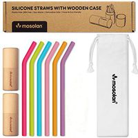 Reusable Collapsible Straws with Case: 6 Silicone Straws + 2 Wooden Cases + 4 Cleaning Brushes + 1 Carrying Pouch, Eco Friendly, Folding, Flexible, Portable Travel Drinking Straw (9 Inches)