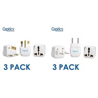 Ceptics UK, Hong Kong, Ireland, UAE Travel Plug Adapter (Type G) - 3 Pack [Grounded & Universal] (GP-7-3PK) & Europe Travel Plug Adapter (Type C) for Most European Countries - 3 Pack