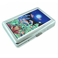 Abstract Mushroom Alien Em1 Hip Silver Cigarette Case Id Holder Metal Wallet 4" X 2.75" RFID Protection